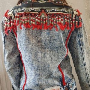 Acid wash jean jacket with red fringe bomber